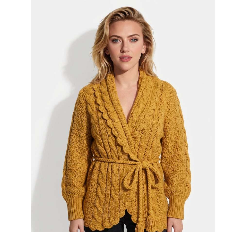 LoveShackFancy Owen Shawl Alpaca Cable Knit Cardigan Sweater Metallic Gold XS